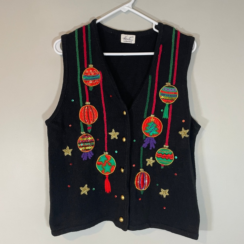 Kathie Lee Collection Black Christmas Ornament Sequin Knit Sweater Vest Womens L